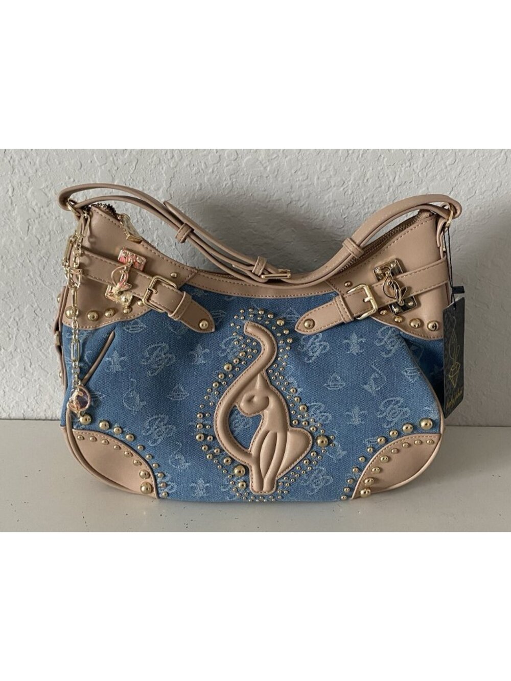 Baby Phat Light Denim Tan Monogram Studded Cat Satchel Hobo Handbag NEW